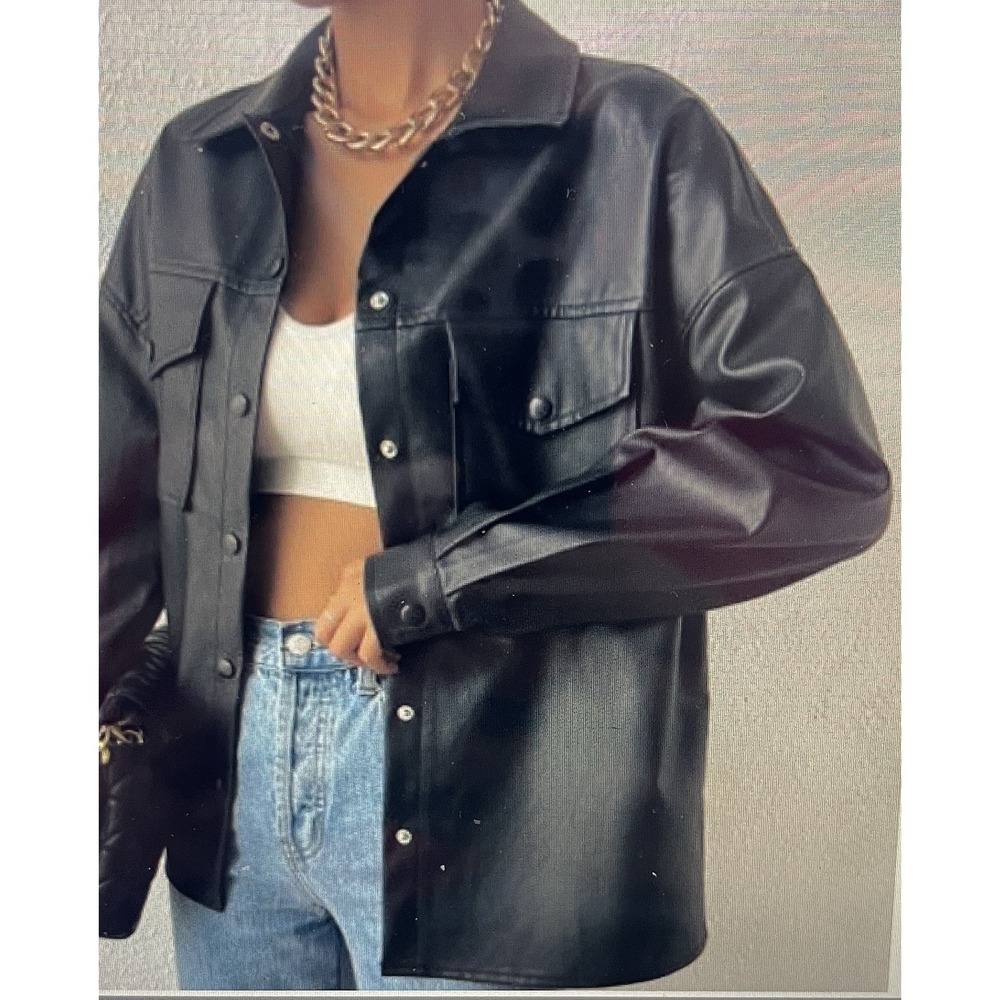 Womens Black Faux Leather LS Shacket S Dark Americana Cowboy Goth Outlaw Chic